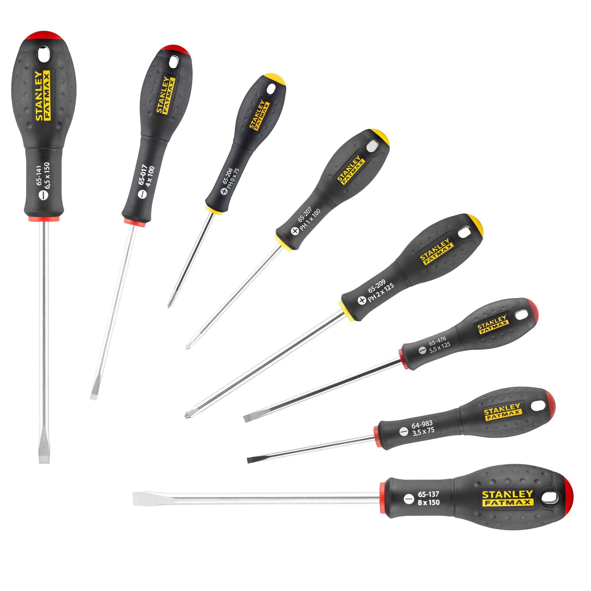 Huit tournevis STANLEY FATMAX noirs de tailles variées sont disposés sur un fond blanc.